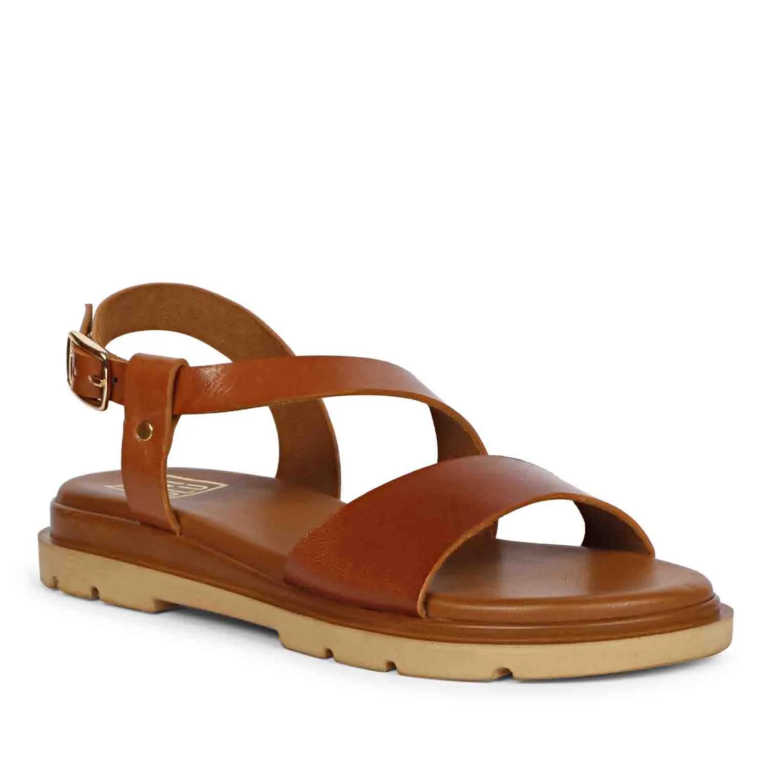 Elara Tan Leather Flat Sandals