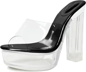 Fantoesay Women's Clear Platform Sandals Chunky Heel Mules Slip On Sandals