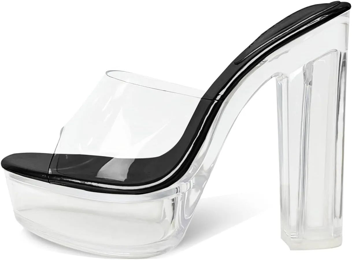 Fantoesay Women's Clear Platform Sandals Chunky Heel Mules Slip On Sandals