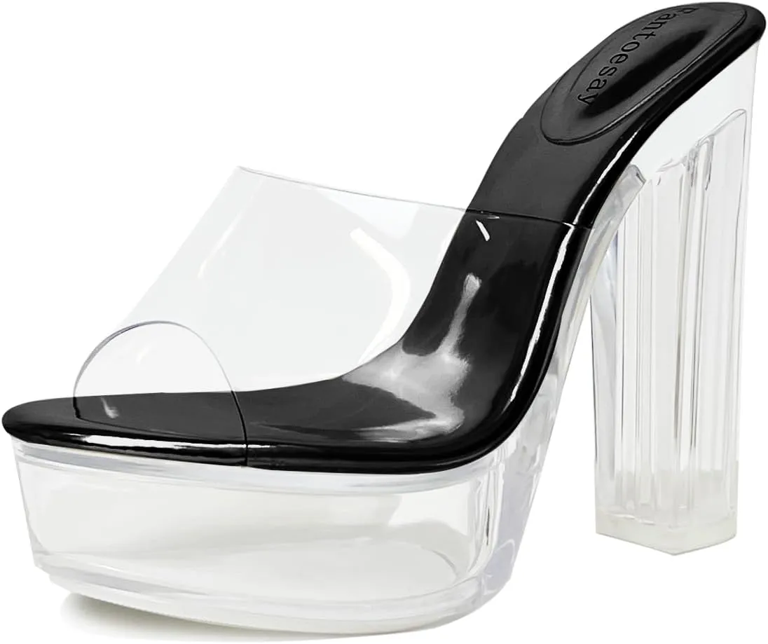 Fantoesay Women's Clear Platform Sandals Chunky Heel Mules Slip On Sandals