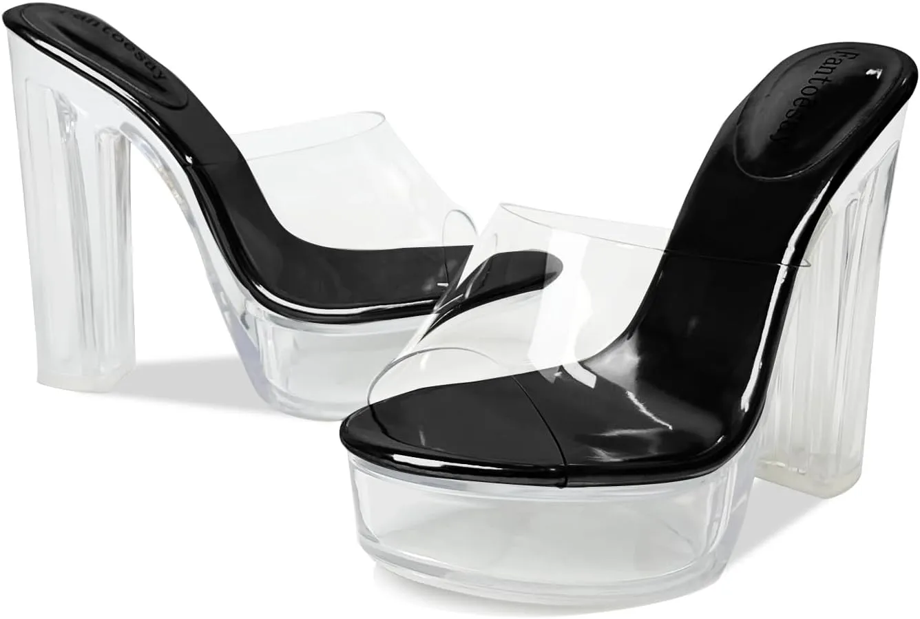 Fantoesay Women's Clear Platform Sandals Chunky Heel Mules Slip On Sandals