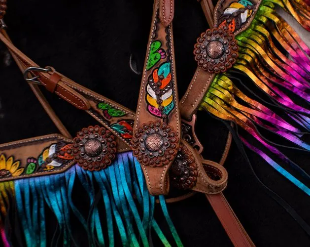 Feather, sunflower and cactus metallic rainbow fringe tack set