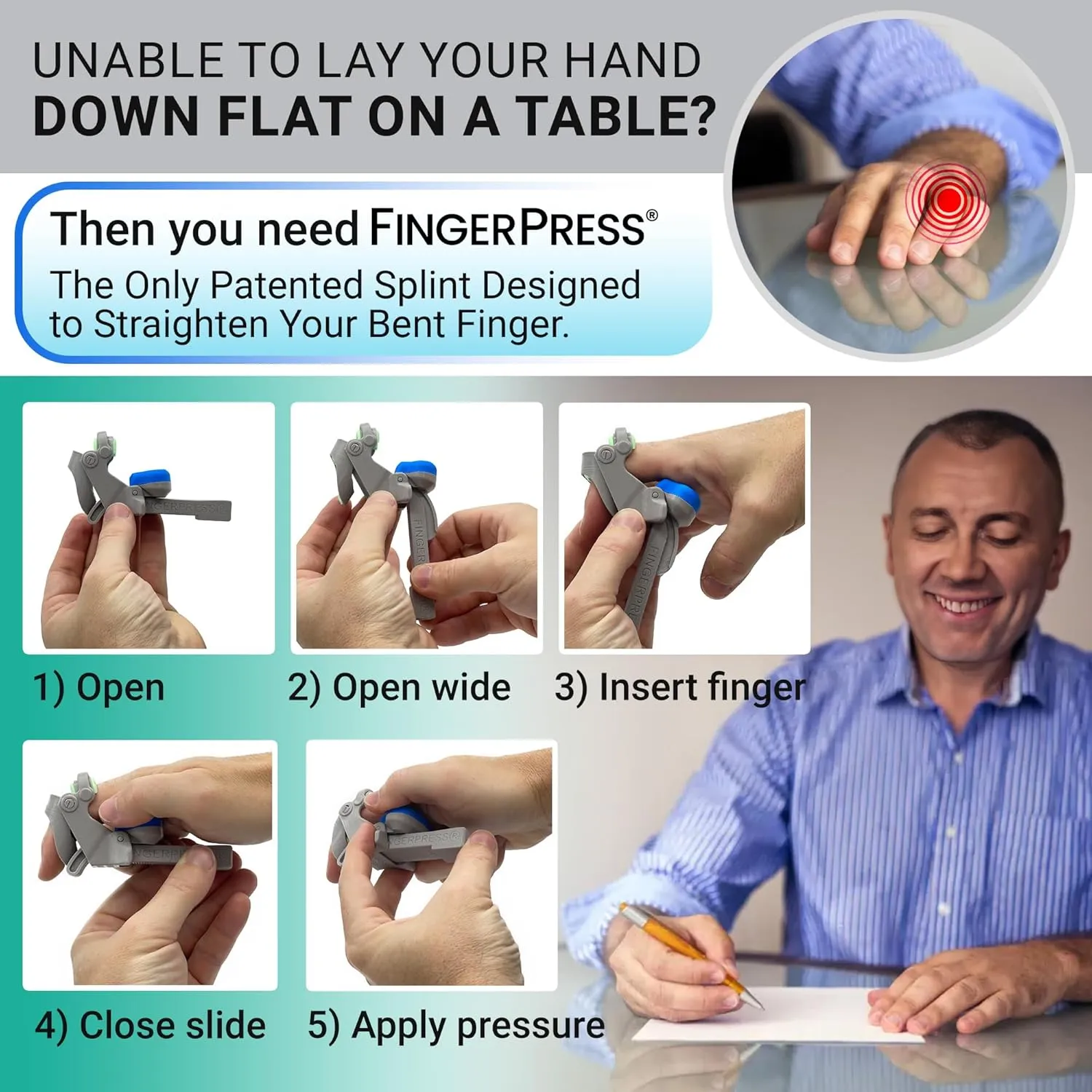 Finger Straightener | PIP Extension Orthosis/Splint For Bent Fingers, PIP Flexion Contractures | Adjustable Joint Stretcher Device | Made in USA | Blue/Large