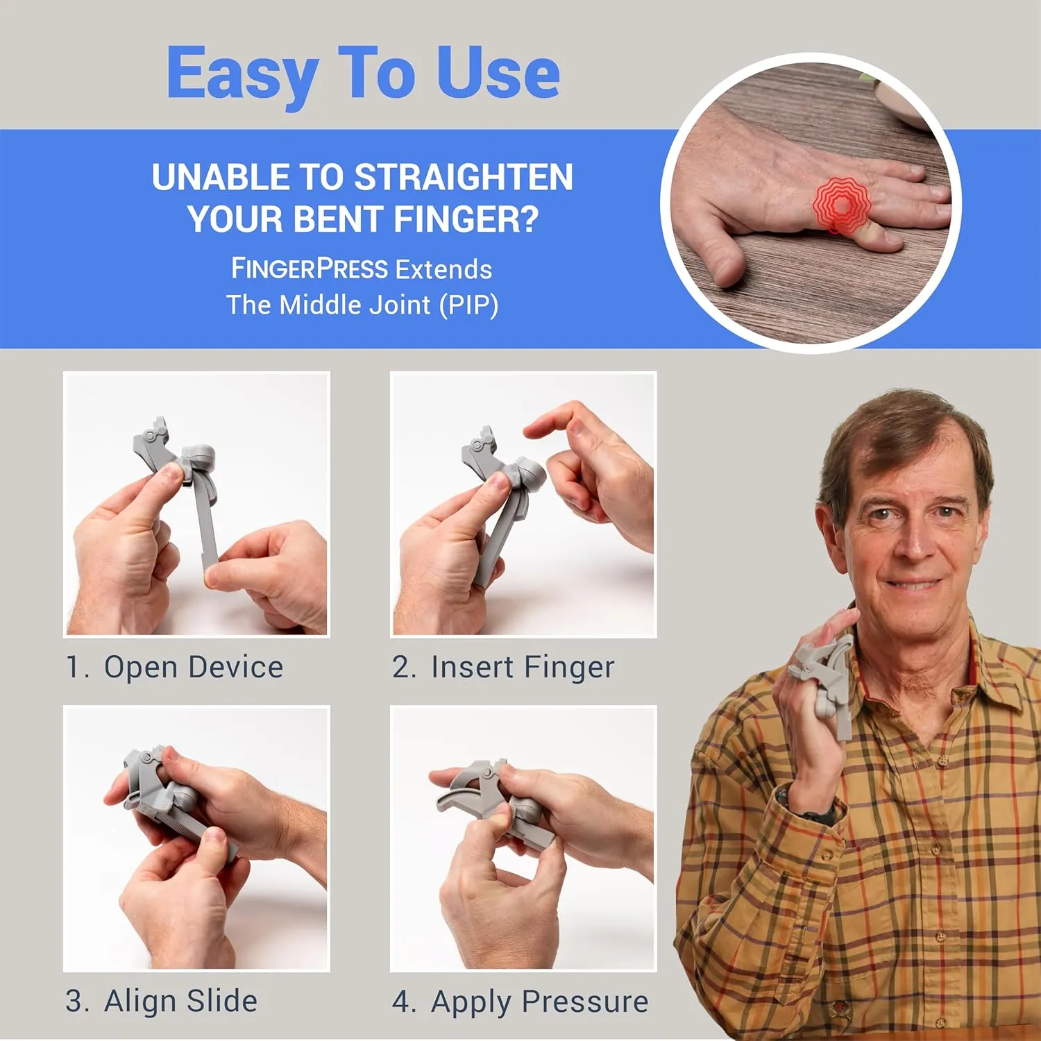 Finger Straightener | PIP Extension Orthosis/Splint For Bent Fingers, PIP Flexion Contractures | Adjustable Joint Stretcher Device | Made in USA | Blue/Large