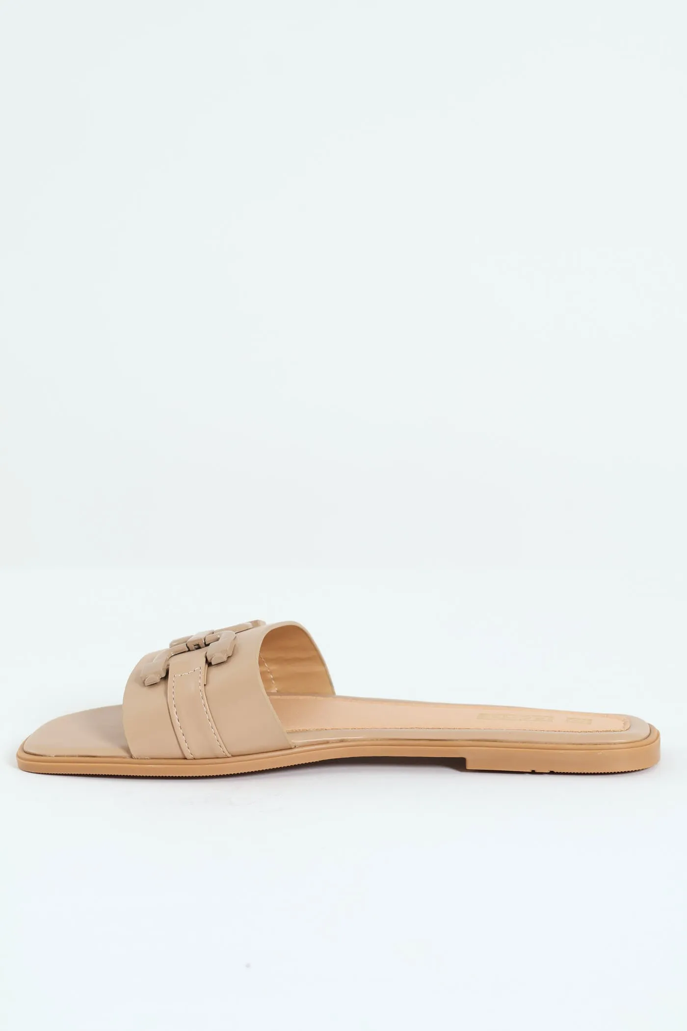 Flat One Strap Mule Sandal With Self Colour Link Trim - Taupe