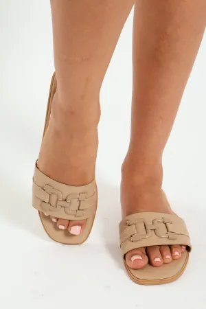 Flat One Strap Mule Sandal With Self Colour Link Trim - Taupe