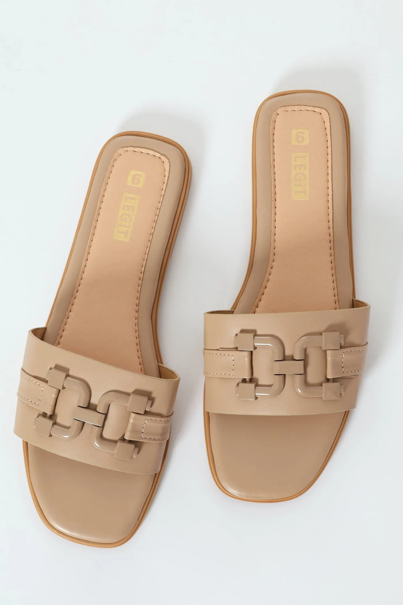 Flat One Strap Mule Sandal With Self Colour Link Trim - Taupe