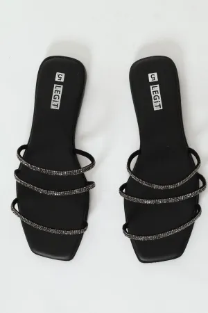 Flat One Strap Patterned Mule Sandal - Black
