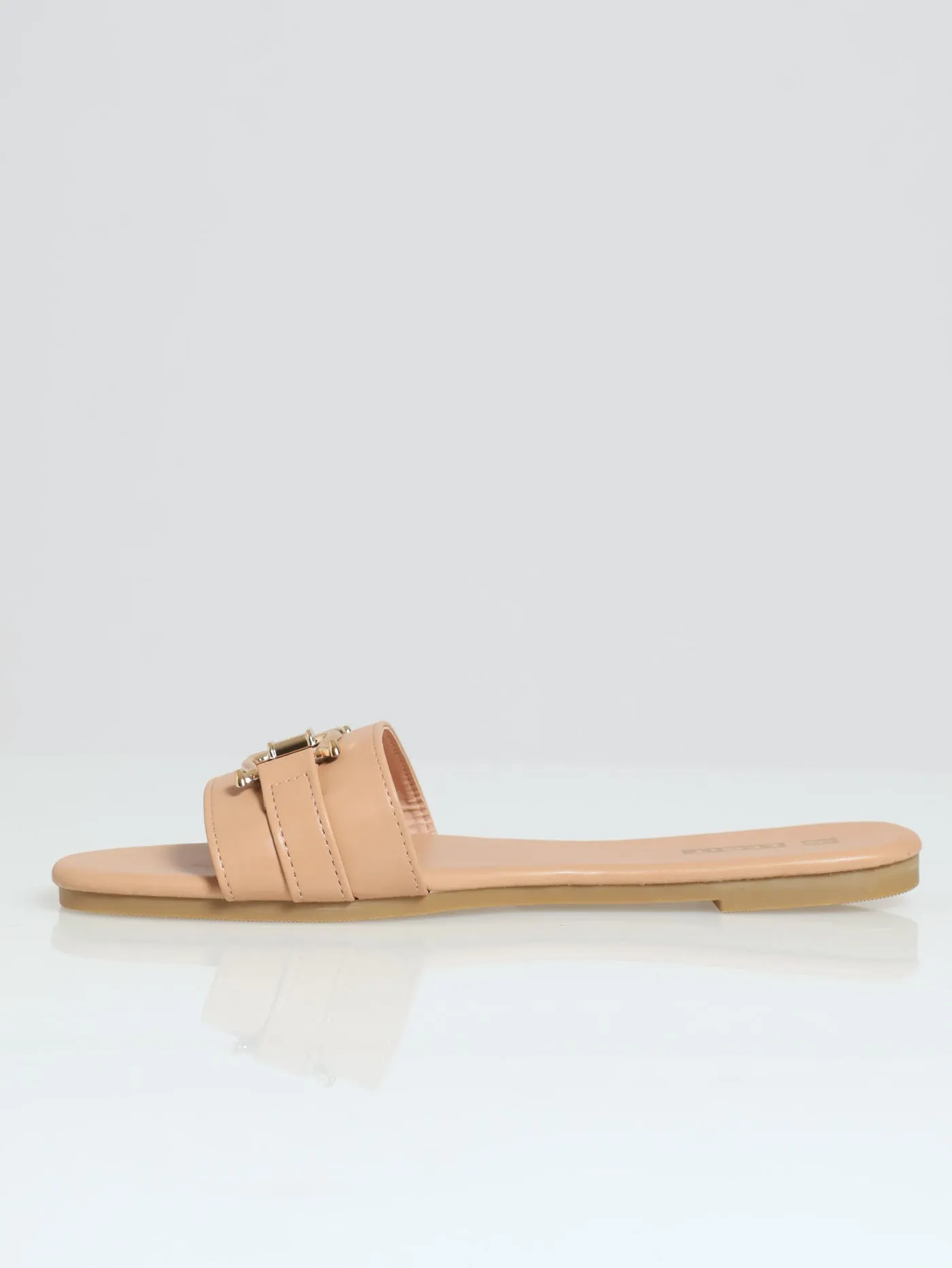 Flat One Strap Push In Mule Sandal With Bar Trim - Beige