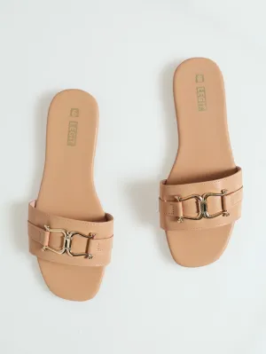 Flat One Strap Push In Mule Sandal With Bar Trim - Beige