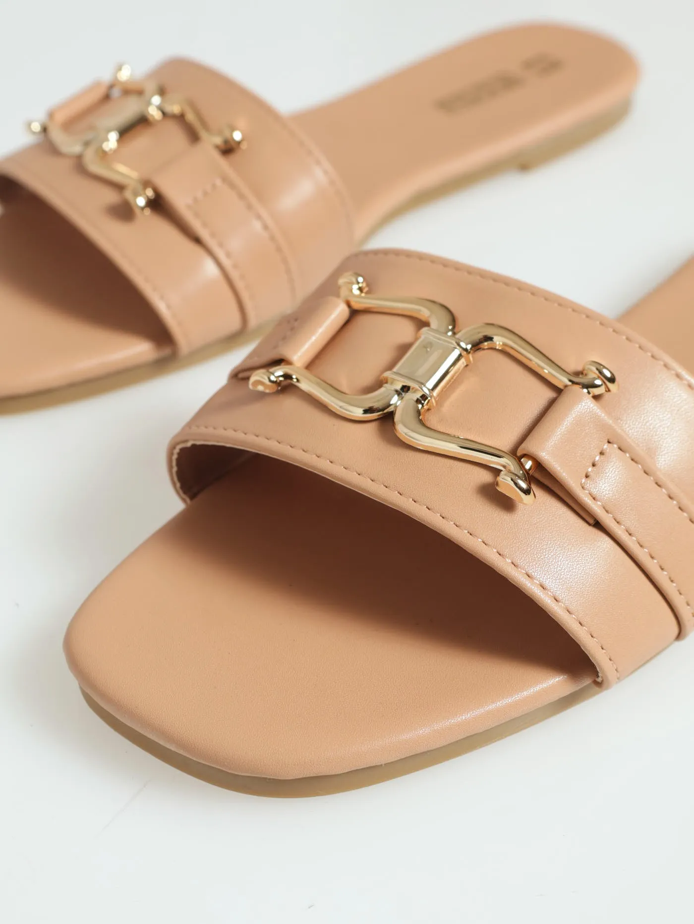 Flat One Strap Push In Mule Sandal With Bar Trim - Beige
