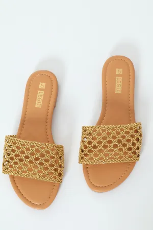Flat One Strap Weave Mule Sandal - Gold