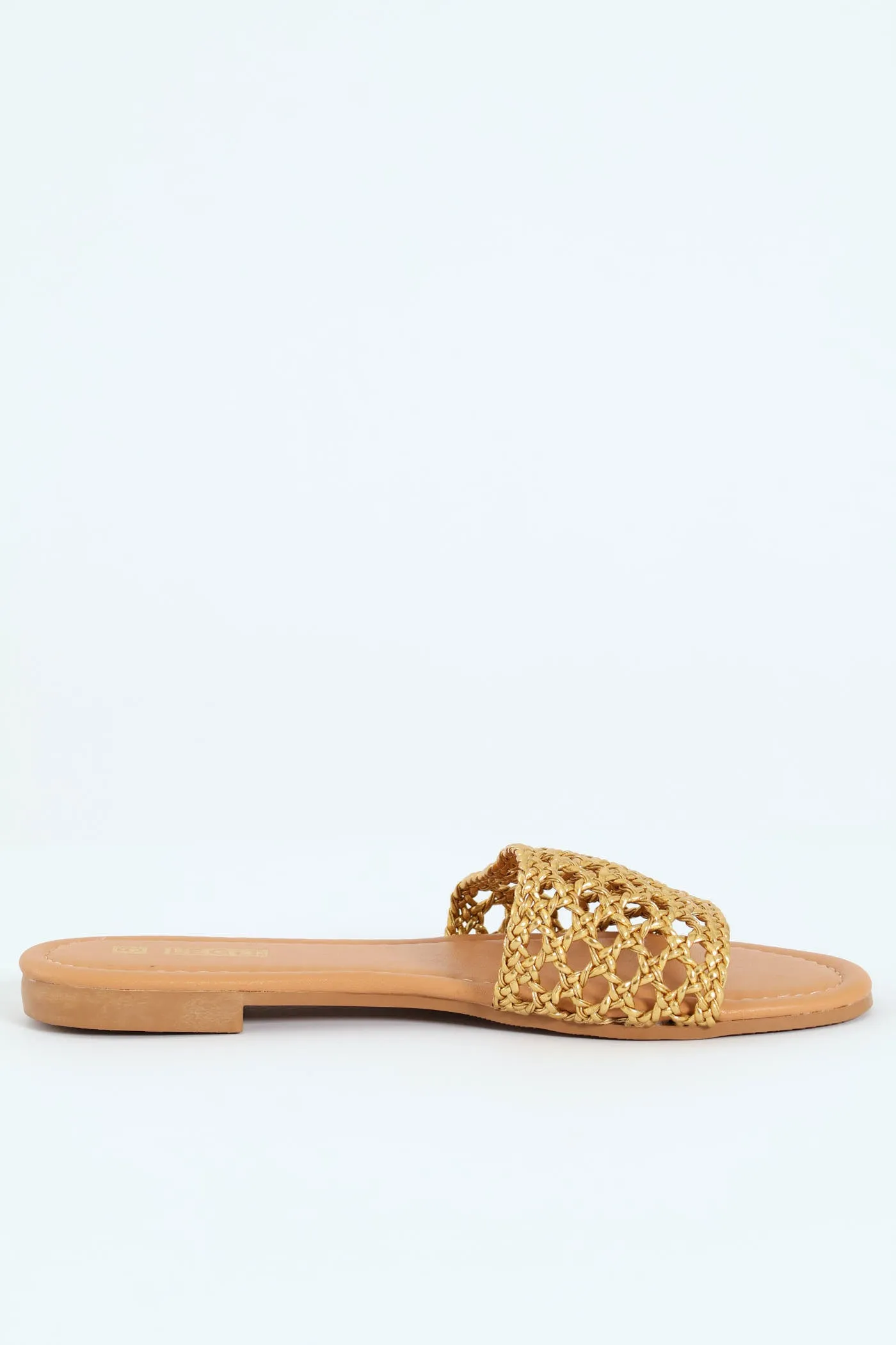 Flat One Strap Weave Mule Sandal - Gold