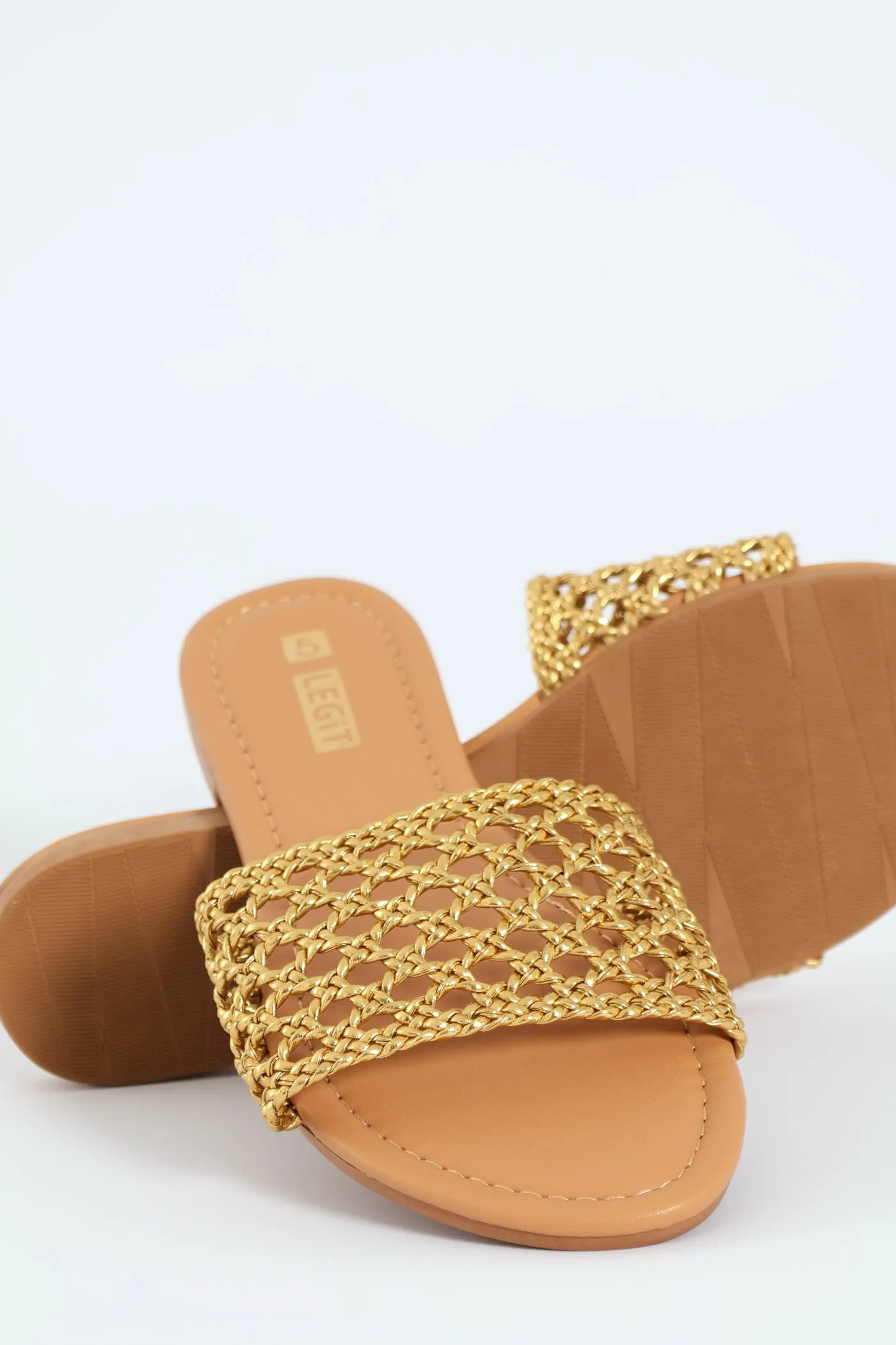 Flat One Strap Weave Mule Sandal - Gold
