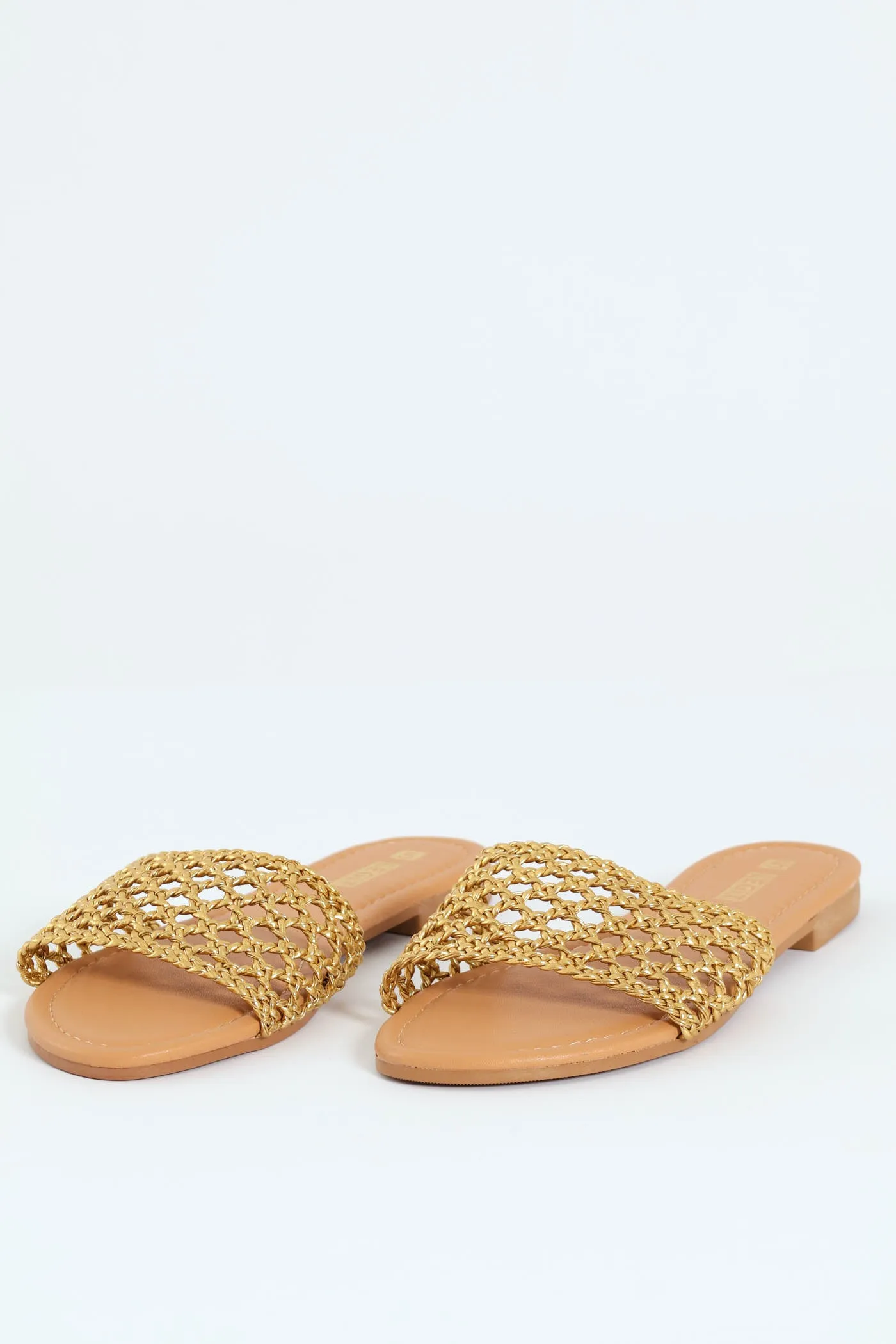 Flat One Strap Weave Mule Sandal - Gold