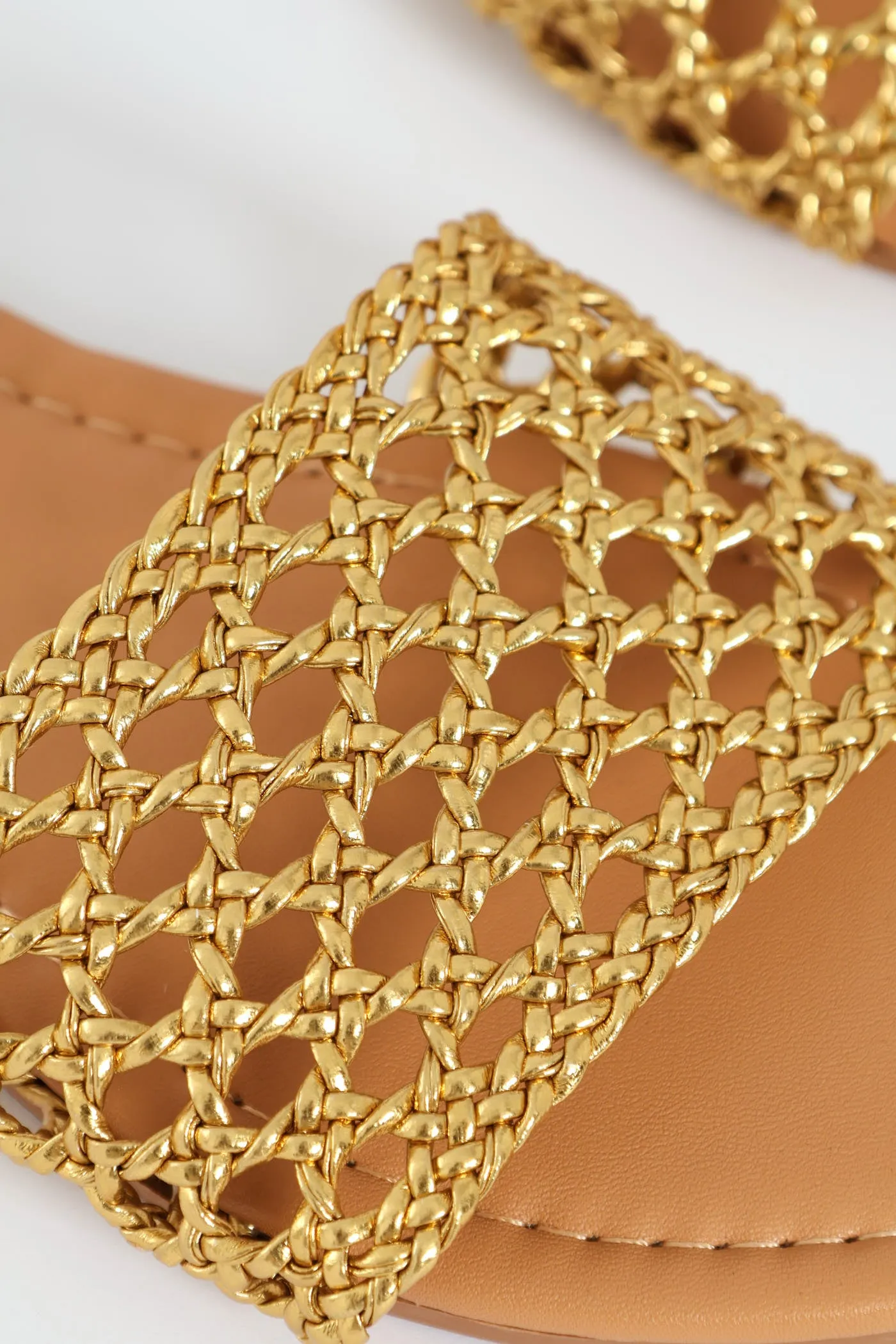 Flat One Strap Weave Mule Sandal - Gold