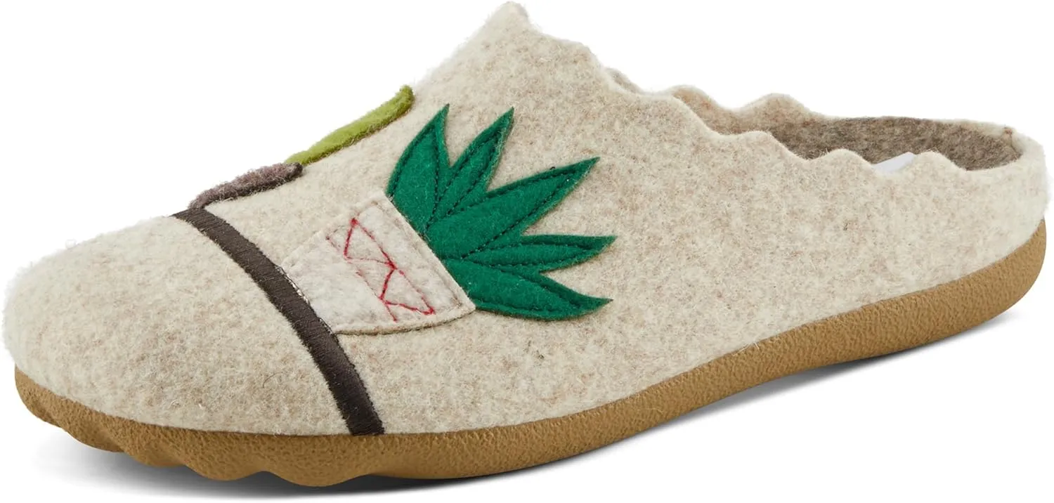 Flexus Women's HAPPYCACTUS Wool Felt Slides with Cactus Embroidery, Removable Insoles, and Rubber Outsole