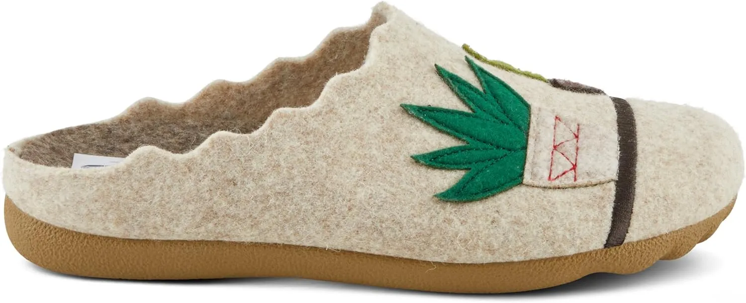 Flexus Women's HAPPYCACTUS Wool Felt Slides with Cactus Embroidery, Removable Insoles, and Rubber Outsole