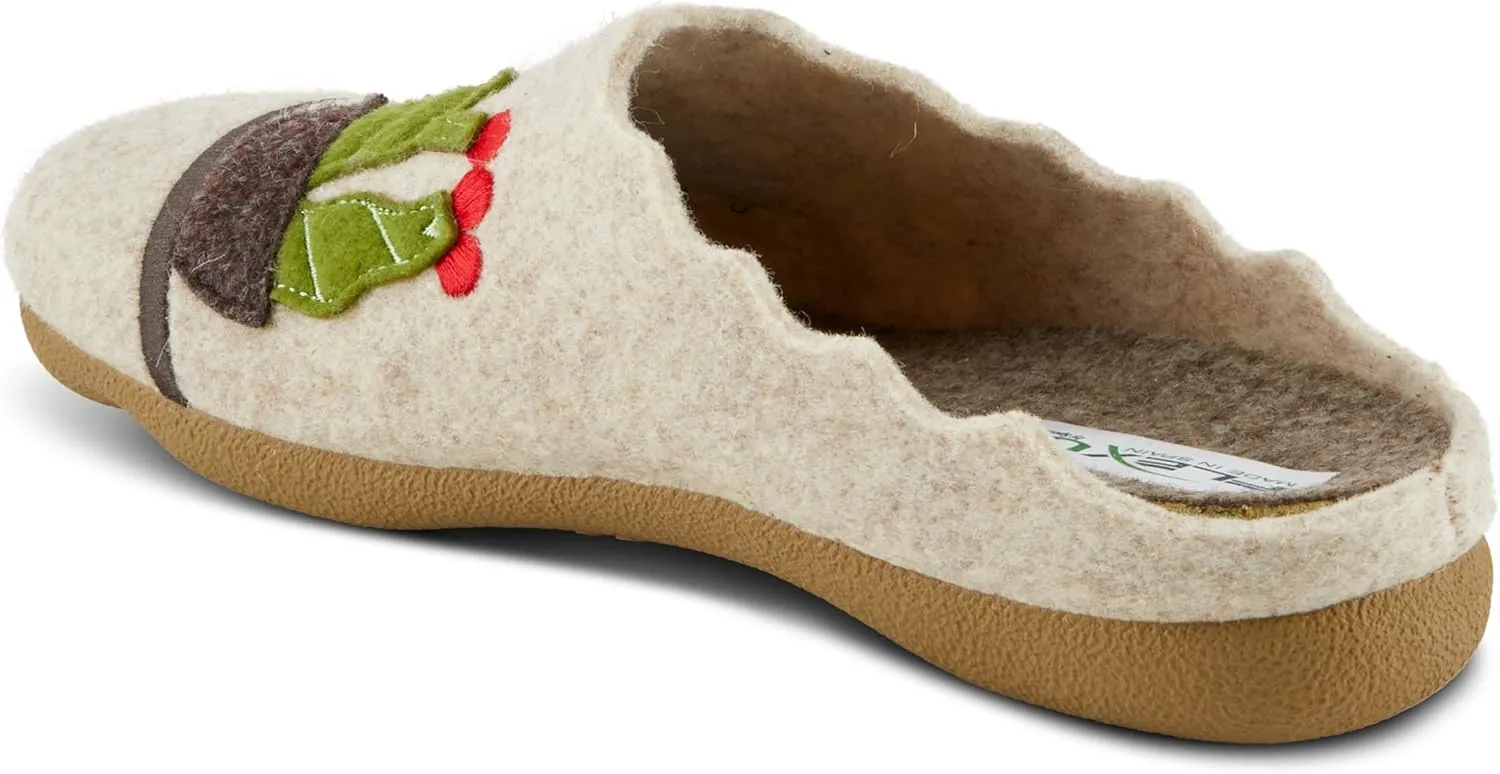 Flexus Women's HAPPYCACTUS Wool Felt Slides with Cactus Embroidery, Removable Insoles, and Rubber Outsole