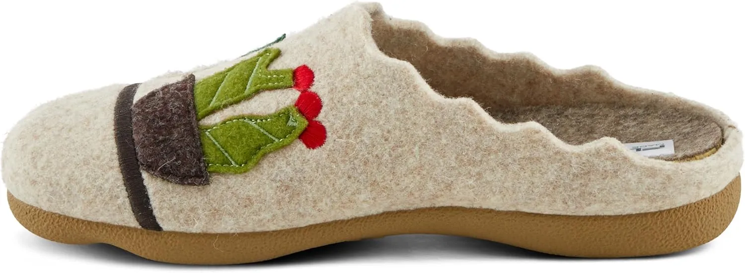 Flexus Women's HAPPYCACTUS Wool Felt Slides with Cactus Embroidery, Removable Insoles, and Rubber Outsole