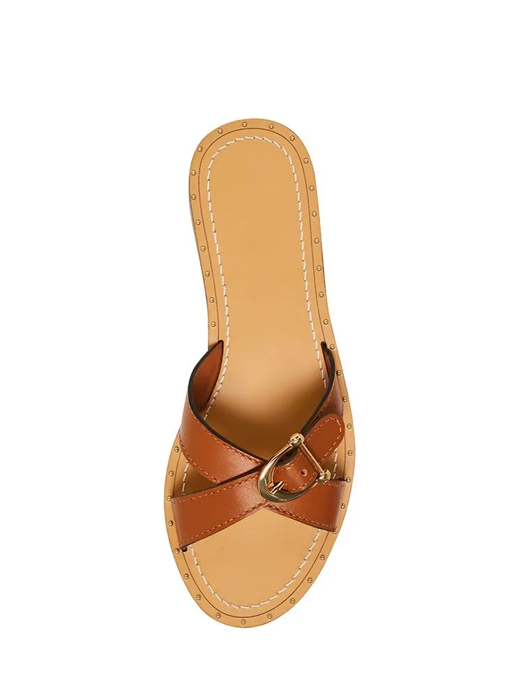 Frayed Denim Cross Strap Buckle Round Flats Slippers Sandals
