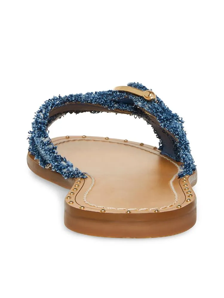 Frayed Denim Cross Strap Buckle Round Flats Slippers Sandals