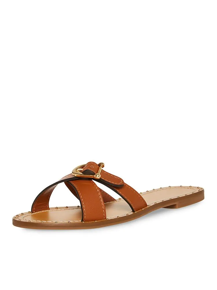Frayed Denim Cross Strap Buckle Round Flats Slippers Sandals