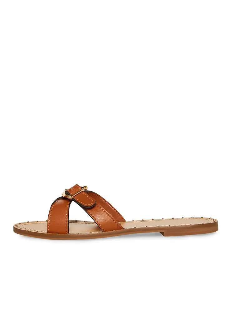 Frayed Denim Cross Strap Buckle Round Flats Slippers Sandals