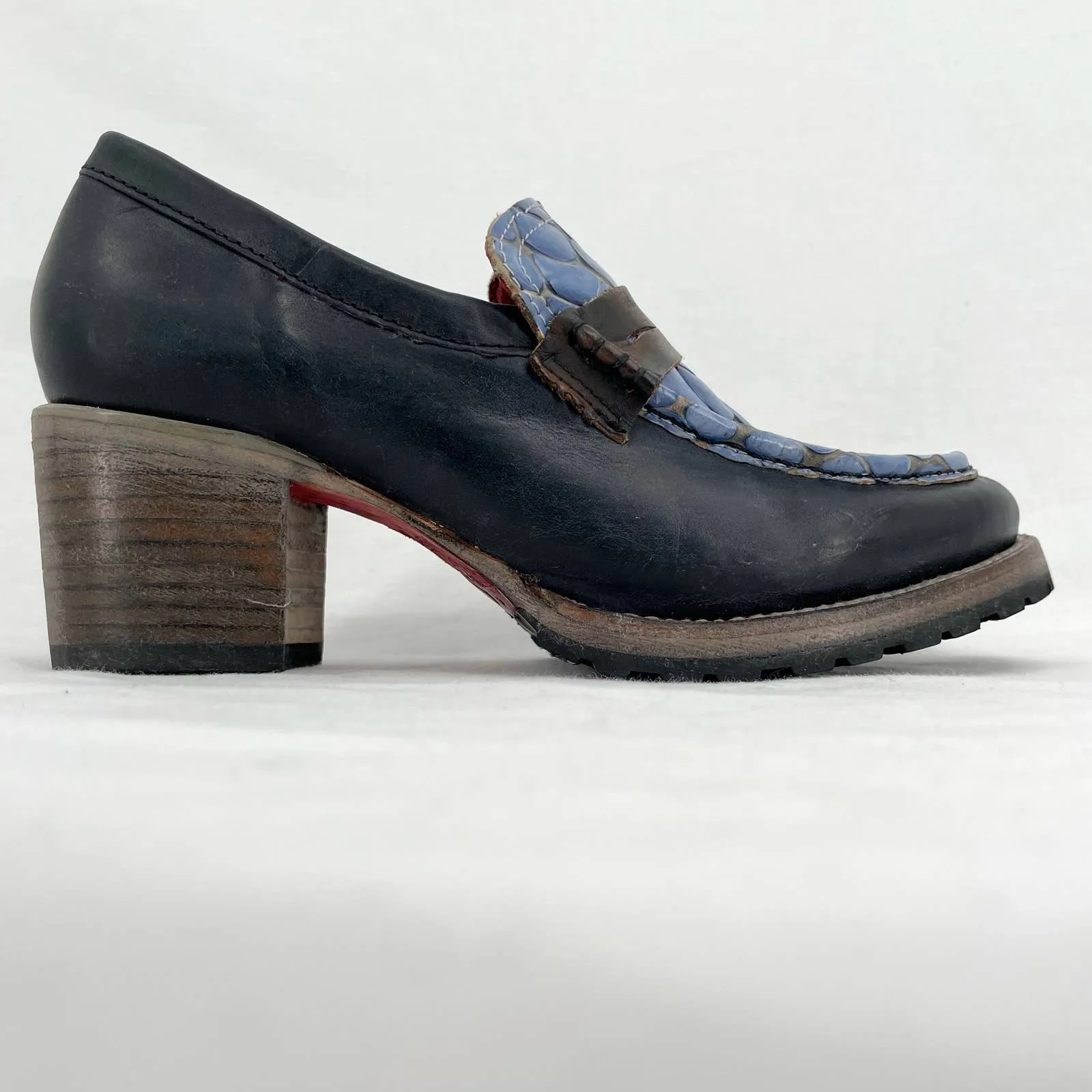 Freebird by Steven Bristol Blue Croc Black Leather Crocodile Loafer Heels Size 7