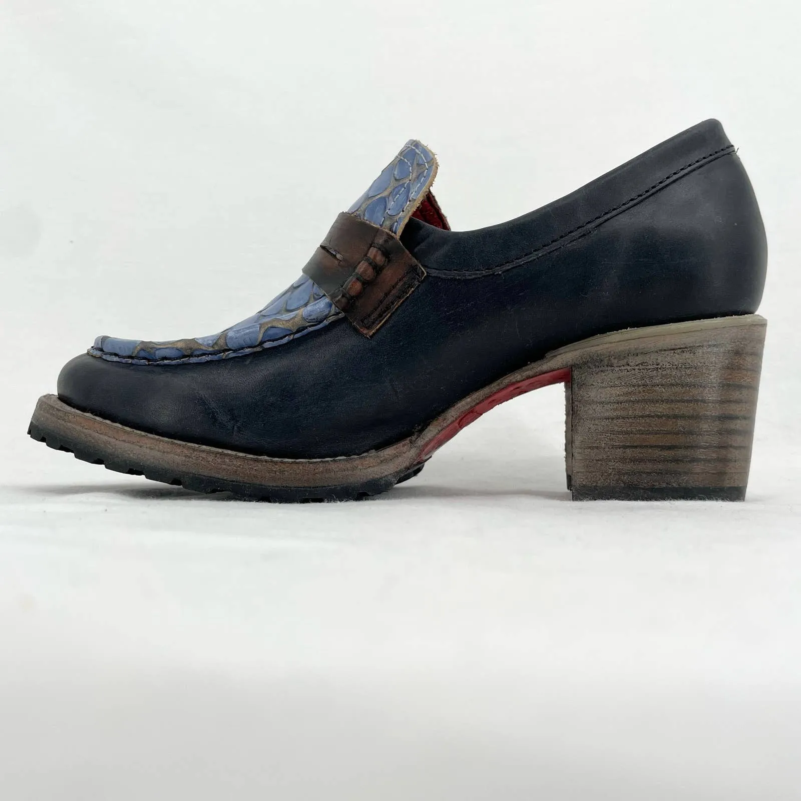 Freebird by Steven Bristol Blue Croc Black Leather Crocodile Loafer Heels Size 7