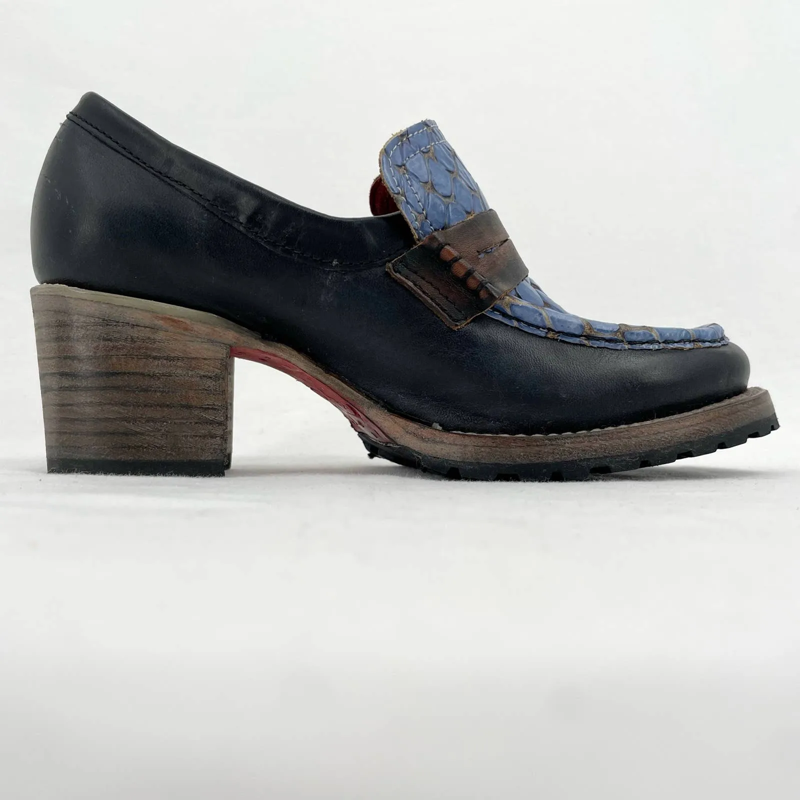 Freebird by Steven Bristol Blue Croc Black Leather Crocodile Loafer Heels Size 7