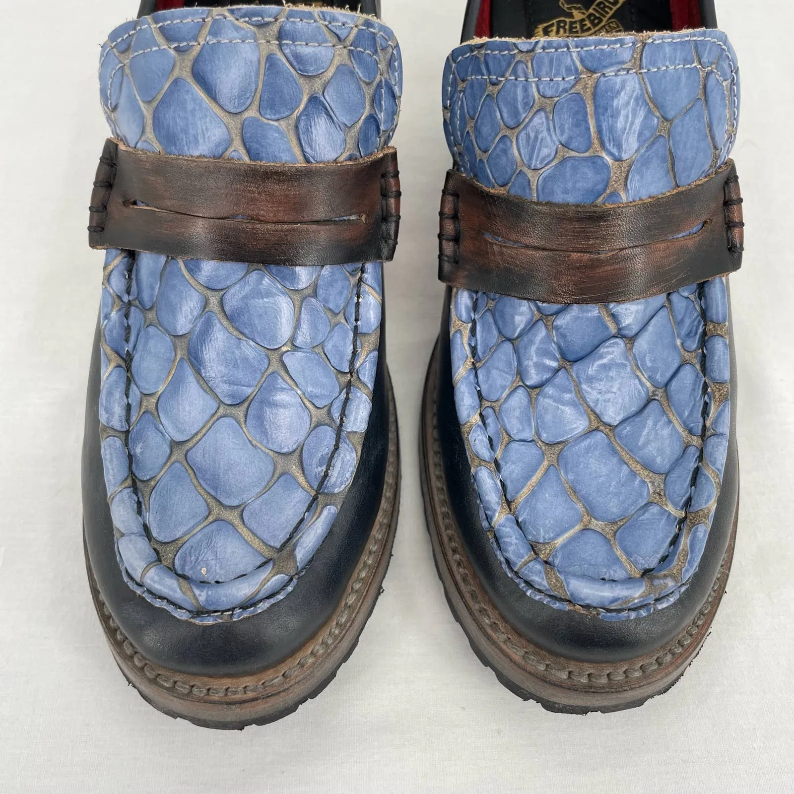 Freebird by Steven Bristol Blue Croc Black Leather Crocodile Loafer Heels Size 7