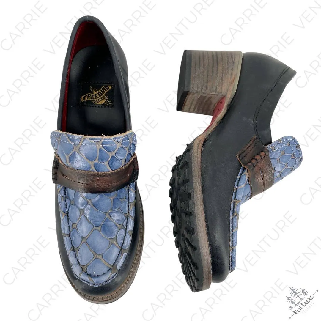 Freebird by Steven Bristol Blue Croc Black Leather Crocodile Loafer Heels Size 7