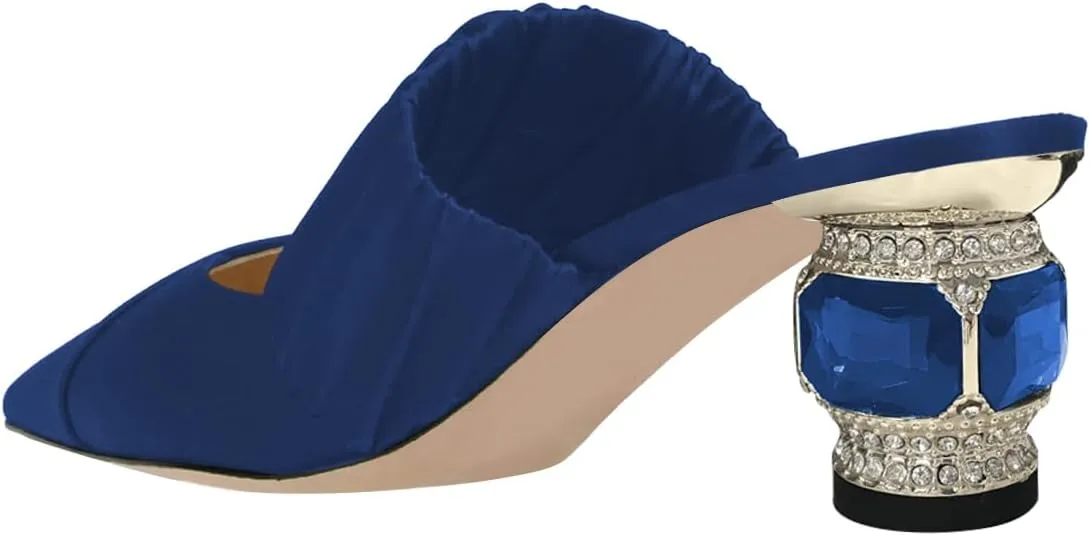 FSJ Women Low Heel Mule Closed Pointed Toe Sandal with Elastic Strap Slip On Crystal Chunky Heels Slippers Backless Slides Shoes Size 4-16 US