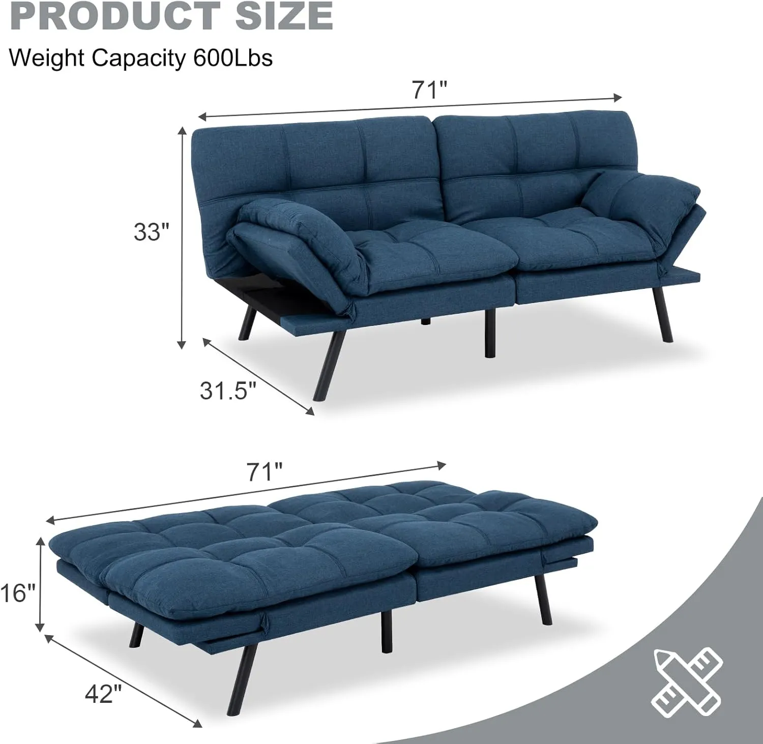 Futon Sofa Bed Convertible Couch,Memory Foam Futon Sofa Couch,Sleeper Futons Sofa Couches,Small Splitback Modern Loveseat Sofa Bed for Living Room,Office,Apartment,Linen Fabric,Blue.