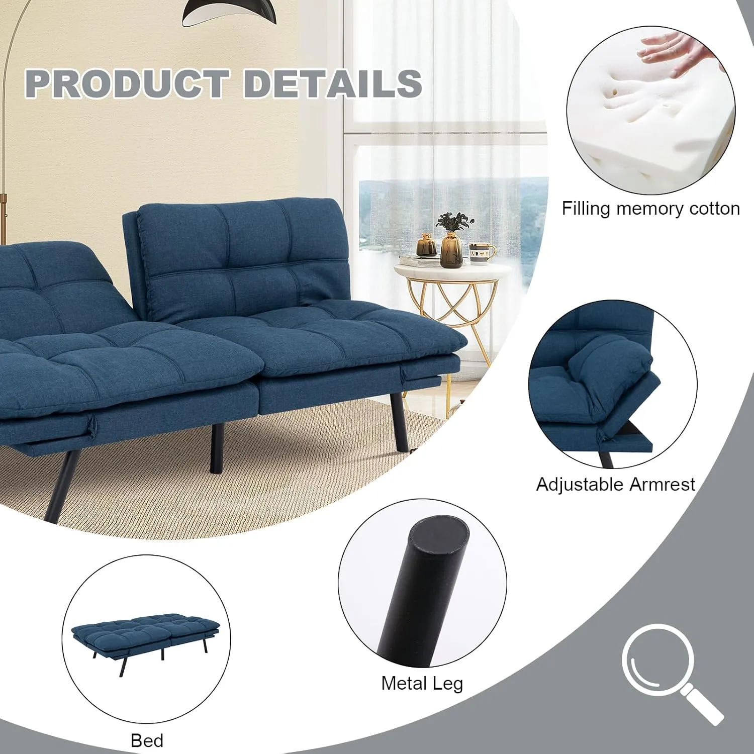 Futon Sofa Bed Convertible Couch,Memory Foam Futon Sofa Couch,Sleeper Futons Sofa Couches,Small Splitback Modern Loveseat Sofa Bed for Living Room,Office,Apartment,Linen Fabric,Blue.