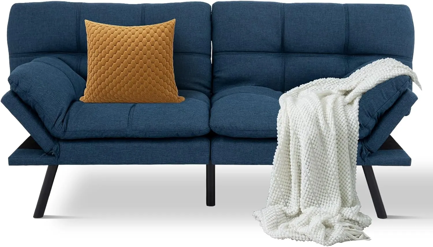 Futon Sofa Bed Convertible Couch,Memory Foam Futon Sofa Couch,Sleeper Futons Sofa Couches,Small Splitback Modern Loveseat Sofa Bed for Living Room,Office,Apartment,Linen Fabric,Blue.