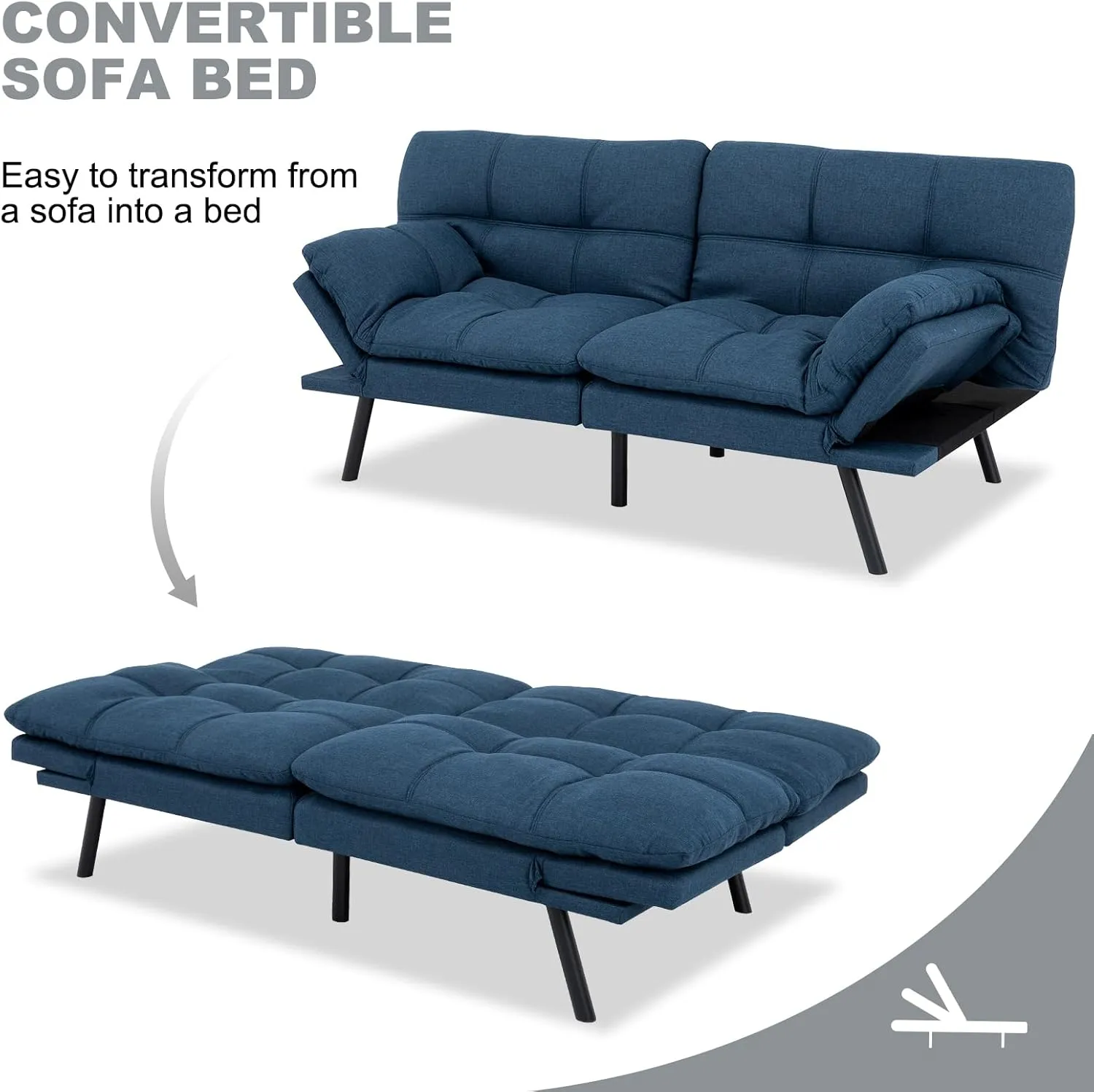 Futon Sofa Bed Convertible Couch,Memory Foam Futon Sofa Couch,Sleeper Futons Sofa Couches,Small Splitback Modern Loveseat Sofa Bed for Living Room,Office,Apartment,Linen Fabric,Blue.