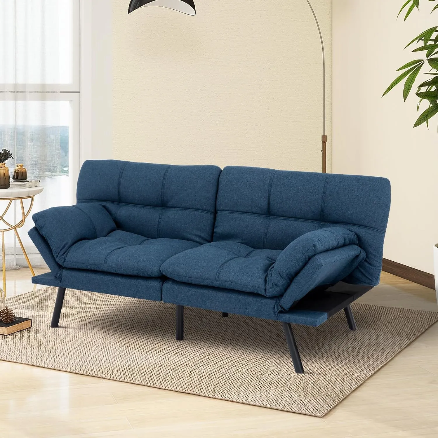 Futon Sofa Bed Convertible Couch,Memory Foam Futon Sofa Couch,Sleeper Futons Sofa Couches,Small Splitback Modern Loveseat Sofa Bed for Living Room,Office,Apartment,Linen Fabric,Blue.