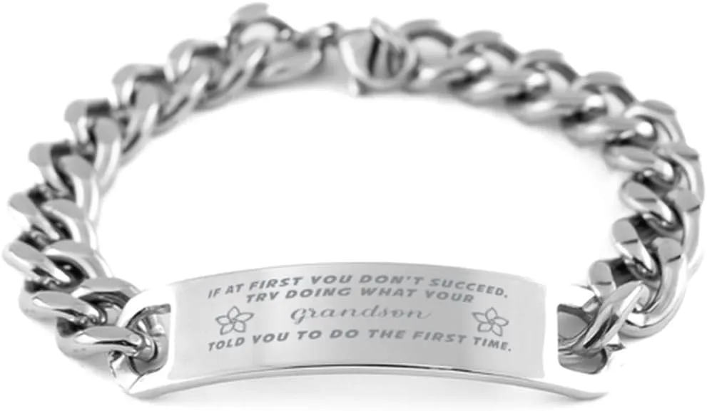 GIFTVILLE & SURPRISE Grandson Bracelet, If at first you don't succeed, try doing what your athletic trainer told you to do the first time., Cuban Link Chain Necklace, Grandson Gifts