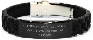 GIFTVILLE & SURPRISE Trainer Gifts from Friends - Funny Quote Glide lock Clasp Black Stainless Steel Silicone Adjustable Bracelet for Trainer, Men, or Women - Father's Day Unique Gifts