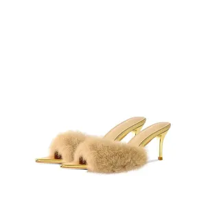 Golden Dream Fur Mule Heels