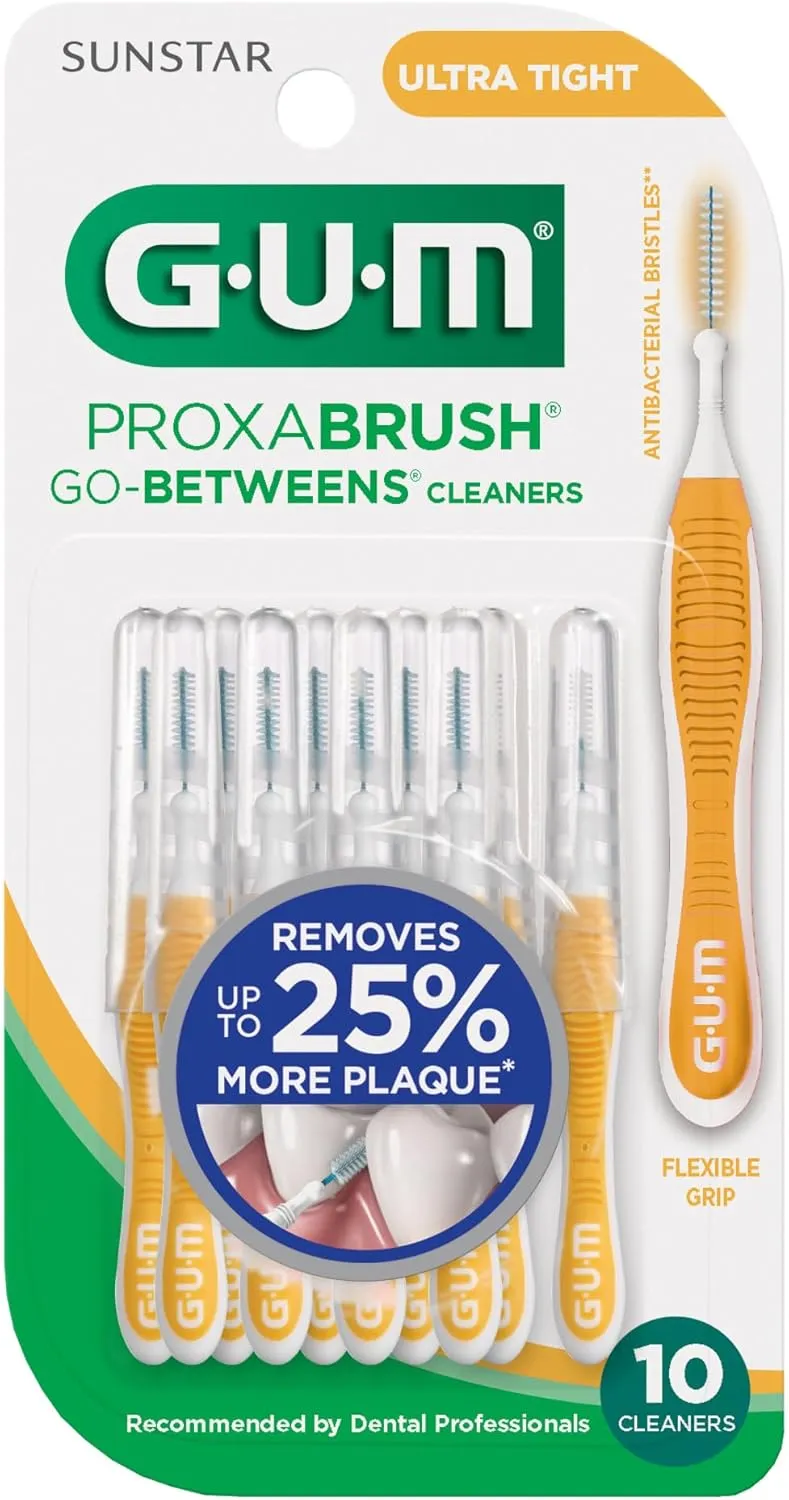 GUM Proxabrush Go-Betweens - Ultra Tight- Interdental Brushes - Soft Bristled Dental Picks for Plaque Removal Health - Safe for Braces & Dental Devices, 10 Count (Pack of 4)