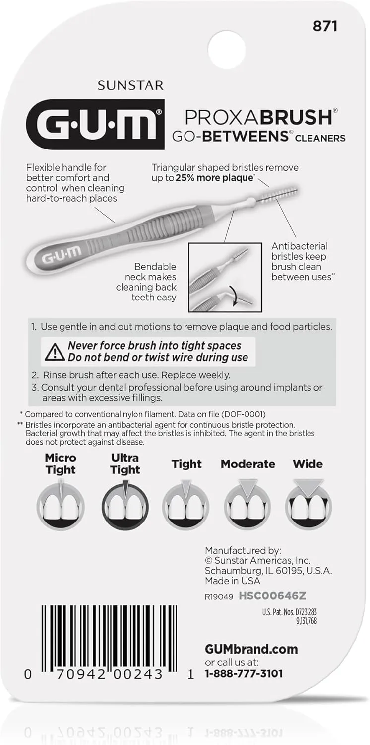 GUM Proxabrush Go-Betweens - Ultra Tight- Interdental Brushes - Soft Bristled Dental Picks for Plaque Removal Health - Safe for Braces & Dental Devices, 10 Count (Pack of 4)