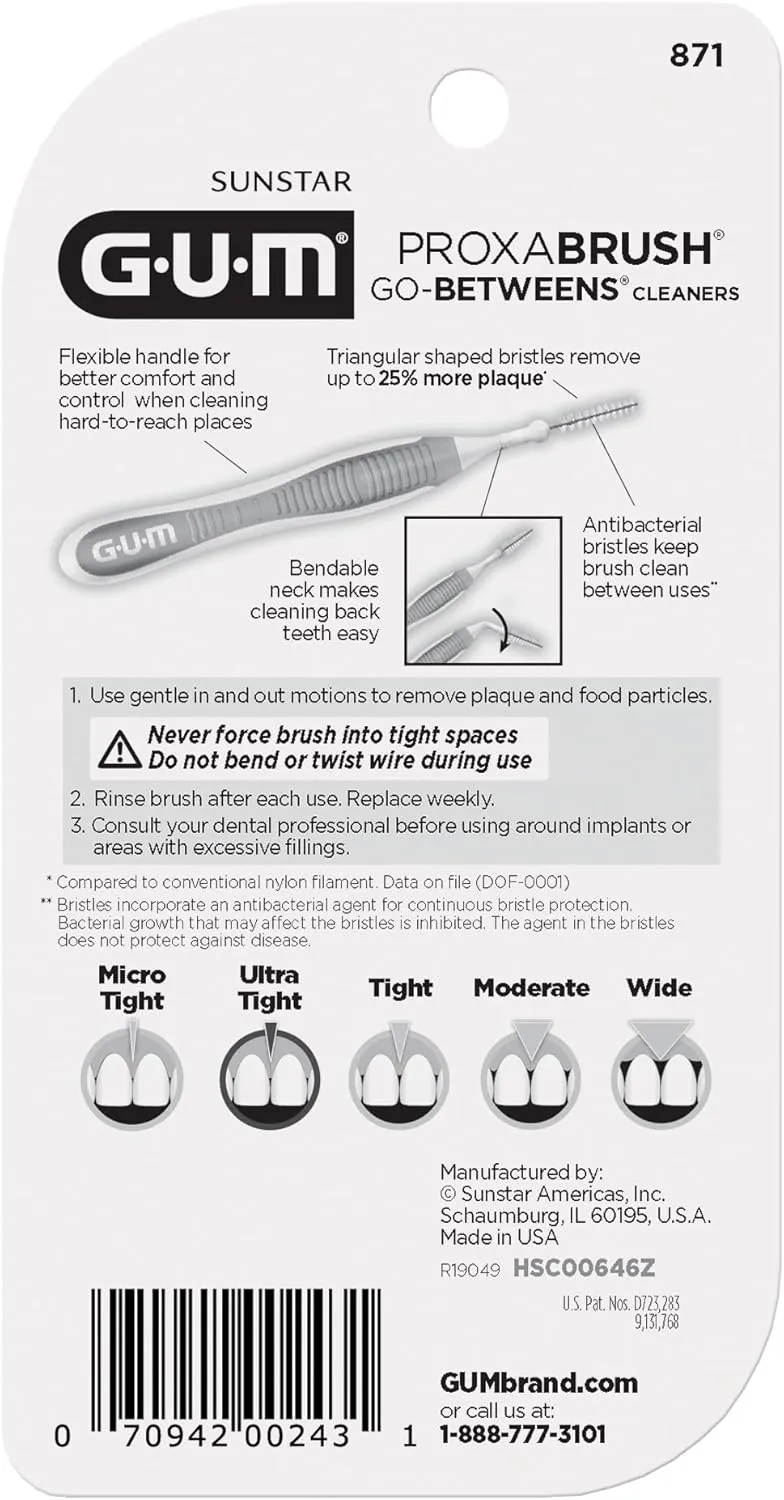 GUM Proxabrush Go-Betweens - Ultra Tight- Interdental Brushes - Soft Bristled Dental Picks for Plaque Removal Health - Safe for Braces & Dental Devices, 10 Count (Pack of 4)