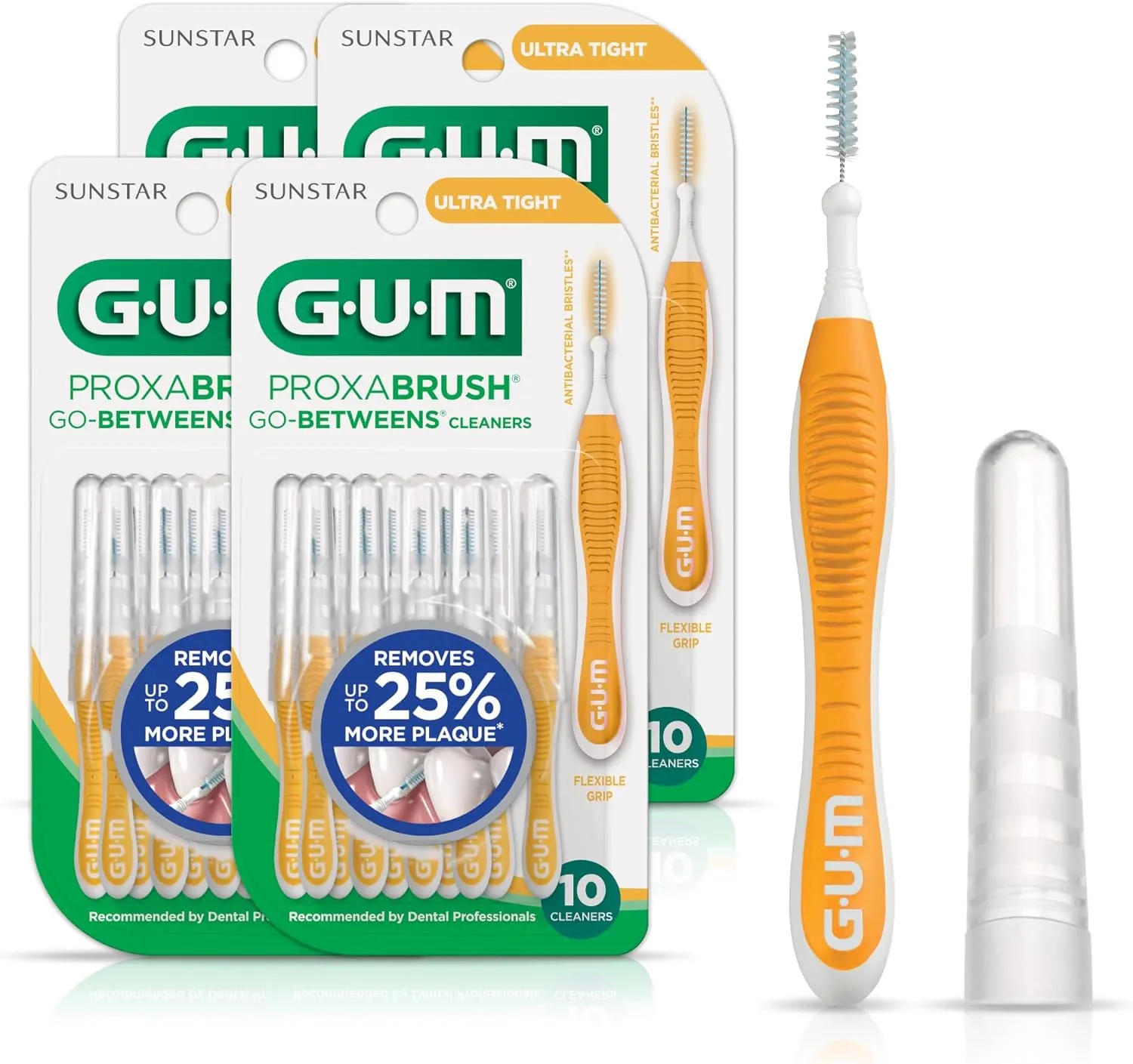 GUM Proxabrush Go-Betweens - Ultra Tight- Interdental Brushes - Soft Bristled Dental Picks for Plaque Removal Health - Safe for Braces & Dental Devices, 10 Count (Pack of 4)