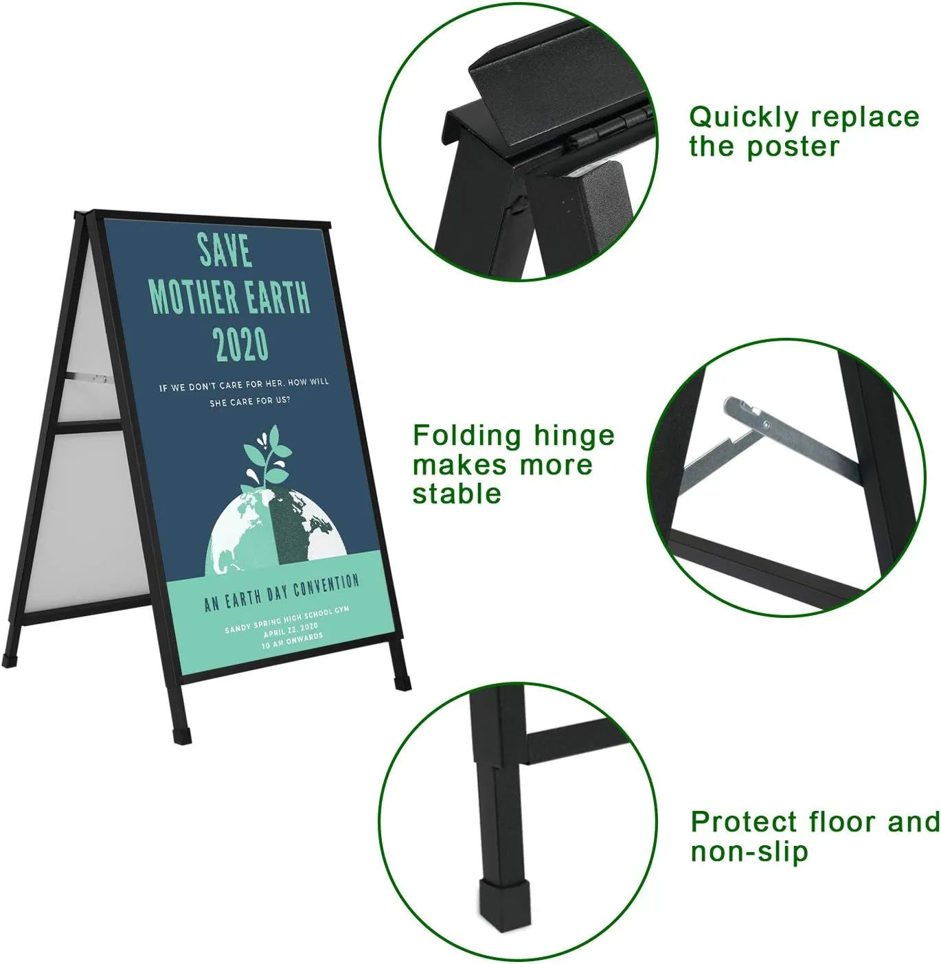 Heavy Duty A-Frame Sidewalk Sign 24 x 36 Inch, Portable Double-Sided Sandwich Board Slide-in Folding Metal Signboard with 2 Corrugated Plastic Poster Boards