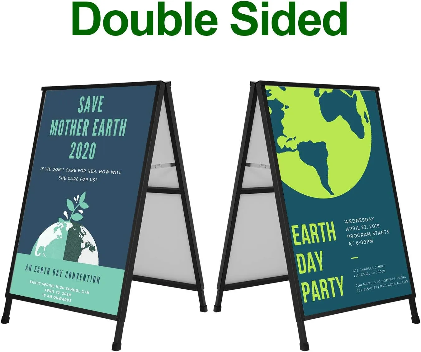 Heavy Duty A-Frame Sidewalk Sign 24 x 36 Inch, Portable Double-Sided Sandwich Board Slide-in Folding Metal Signboard with 2 Corrugated Plastic Poster Boards