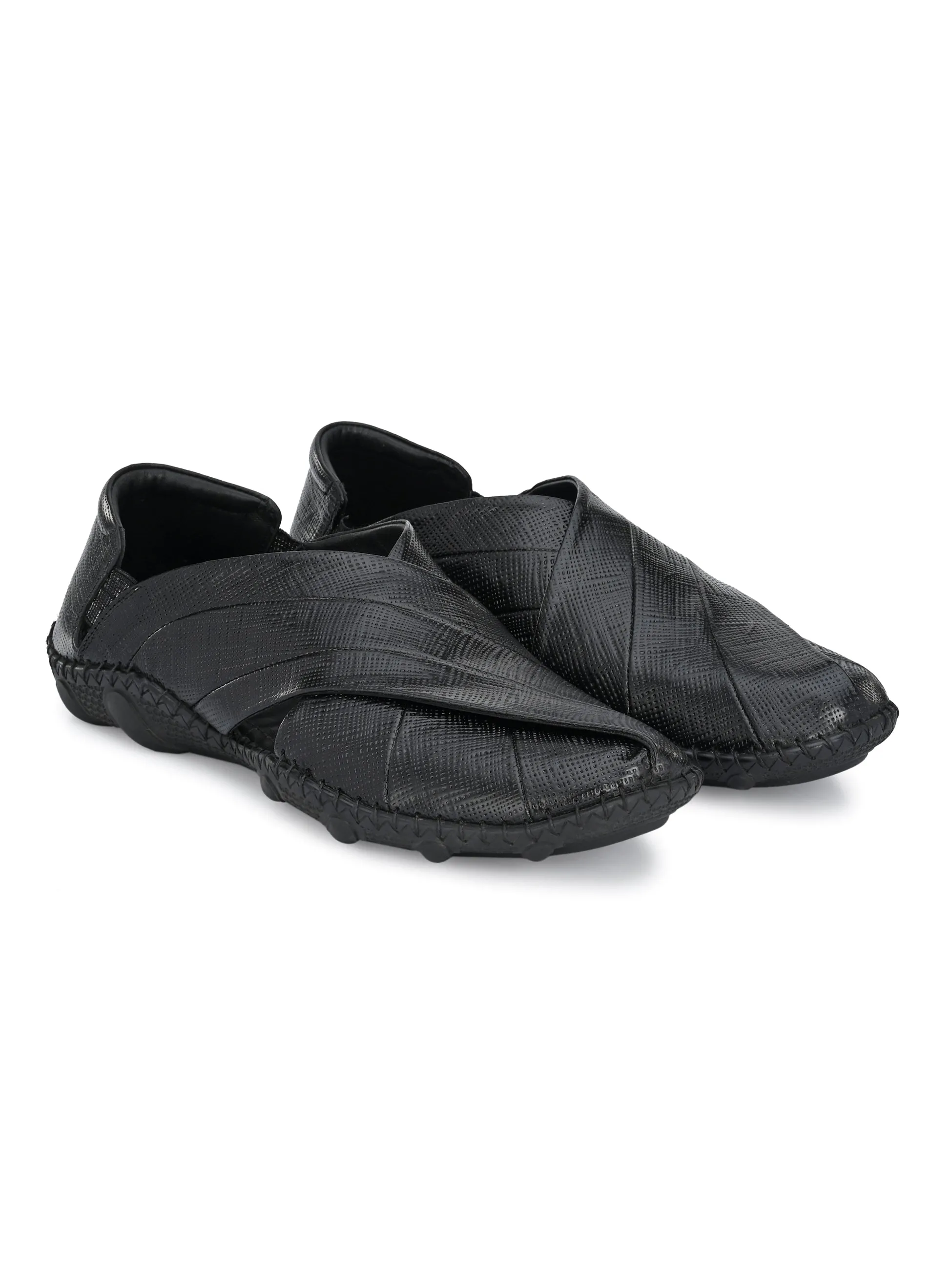 HITZM_1 Men's Black Leather Casual Slip-On Sandals