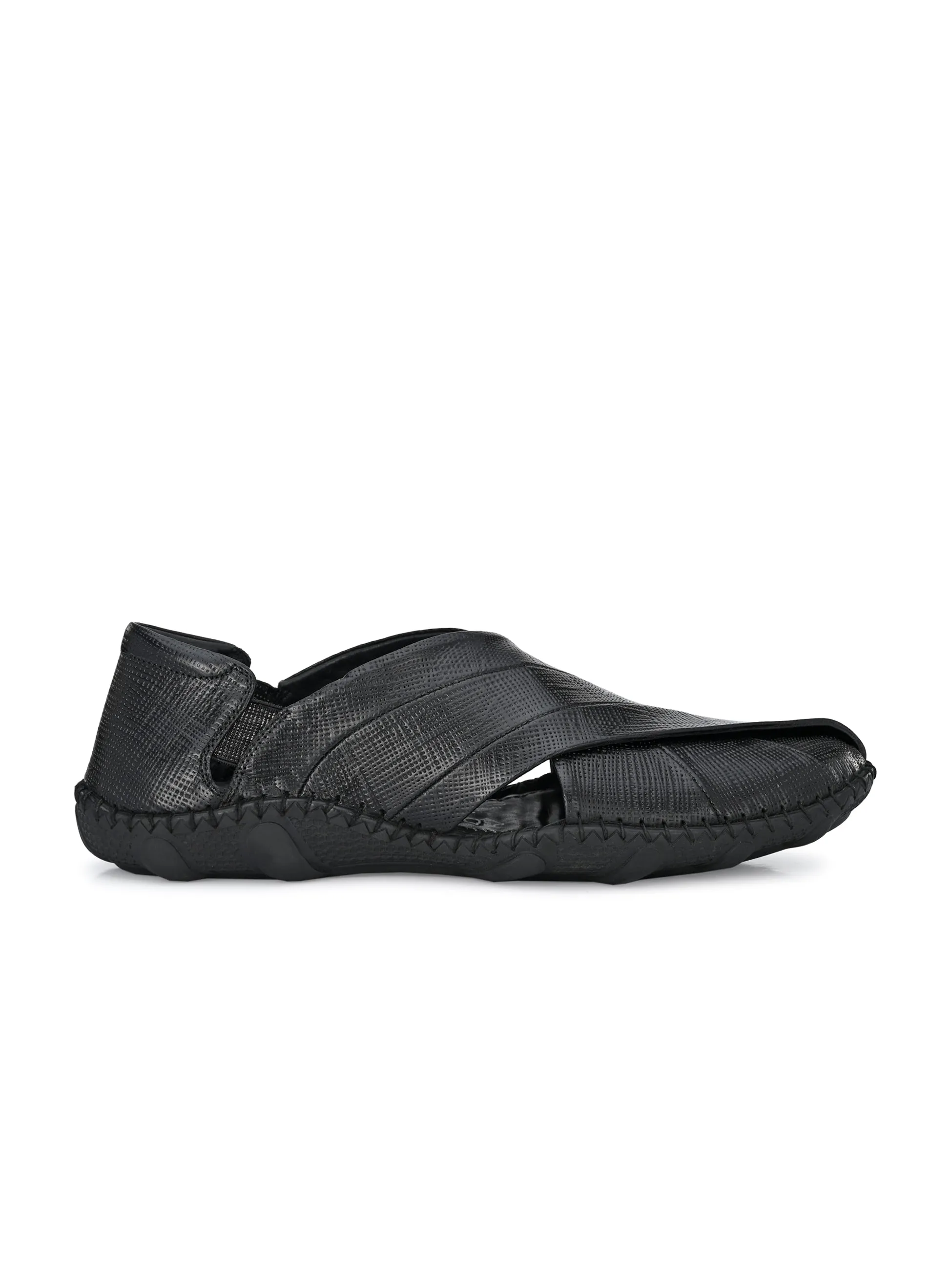 HITZM_1 Men's Black Leather Casual Slip-On Sandals